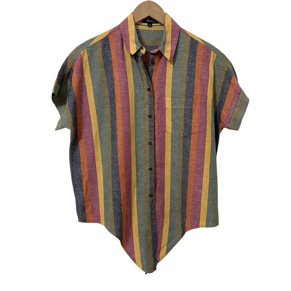 Madewell Womens Linen Blend Striped Tie-Front Top XS Button Up Short Sleeve - Picture 2 of 6